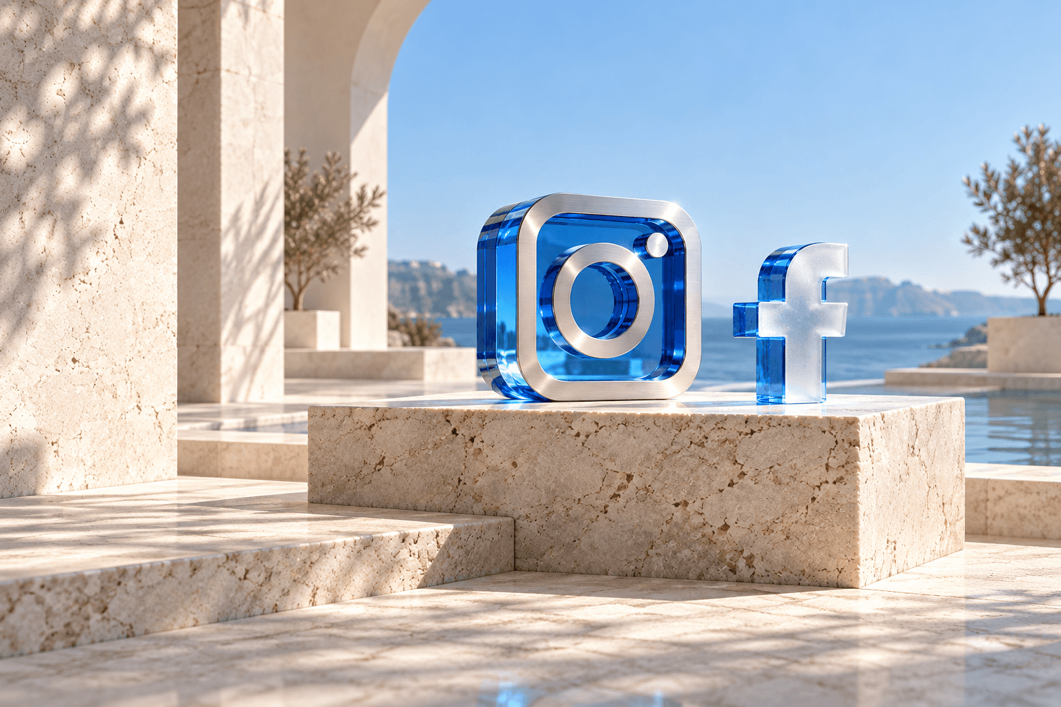Tabiiy tosh ustidagi ko‘k shisha va metall Instagram hamda Facebook belgilari
